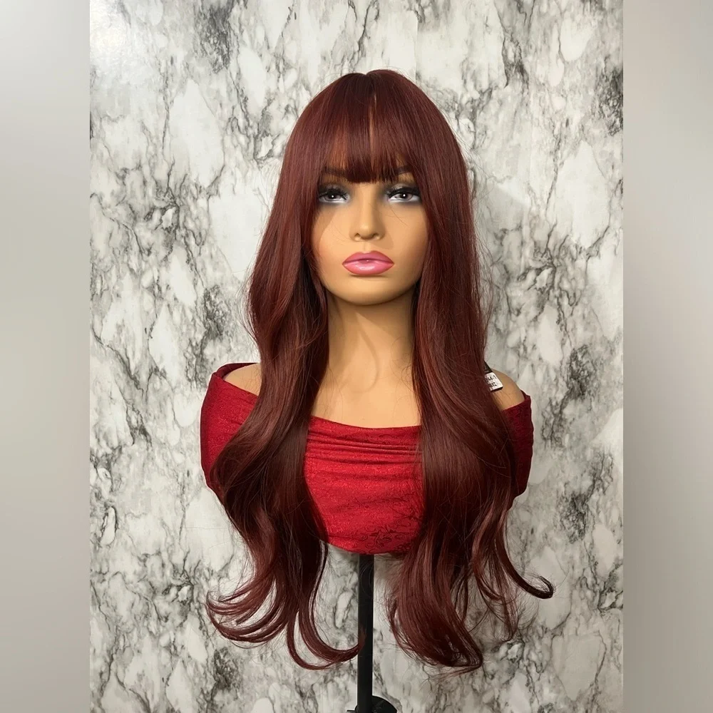 Long Wine Red Wig with Bangs Wavy Layered Synthetic Wig